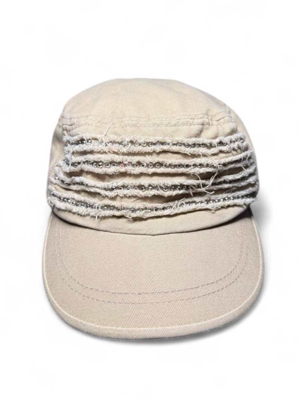 Joe Boxer Rhinestone Distressed Cadet Hat Beige Cream Military Cap Y2K VTG O/S